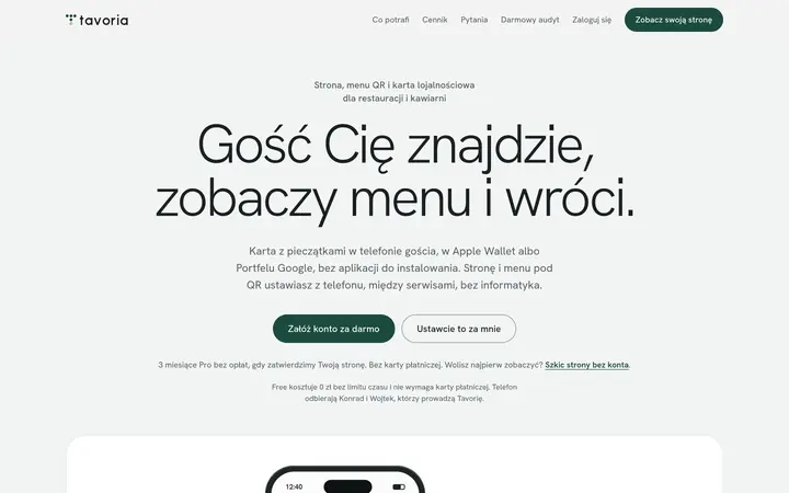 Strona główna Tavorii: strona, menu QR i karta lojalnościowa dla restauracji